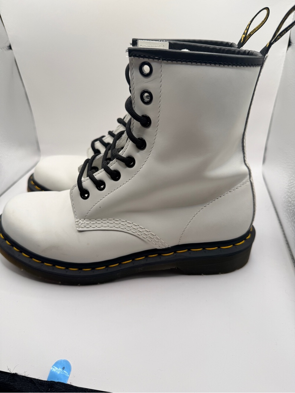 Dr. Martens White Lace-Up Combat Boots with Black Trim and Yellow Stitching - Picture 2 of 6